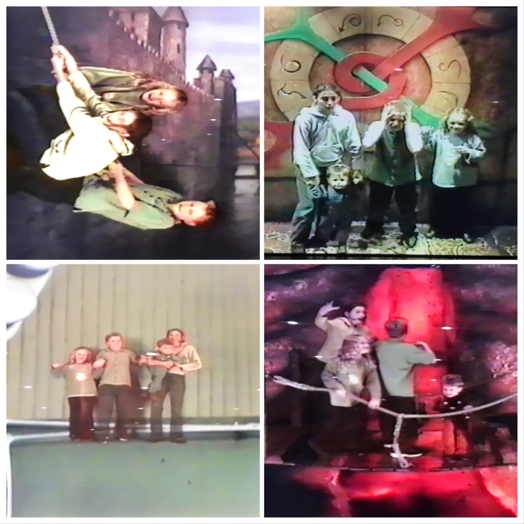 A collage of four images with a group of young children acting out various scenarios. In the top left three children pretend to climb a castle wall and in the bottom right they are pretending to cross a broken bridge over a lava pit.